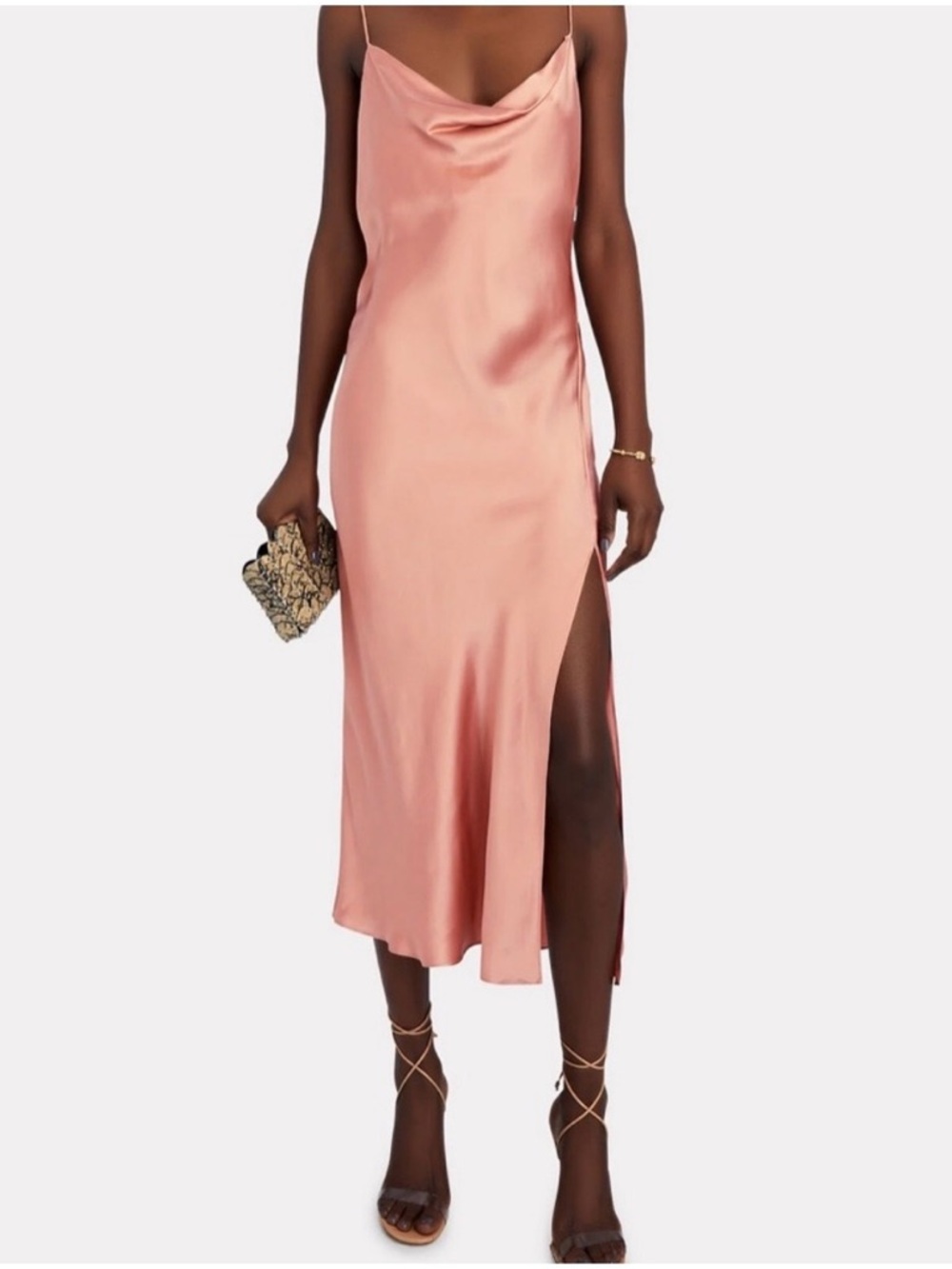 INTERMIX 100% Silk Cowl Midi Dress in Rose Coral